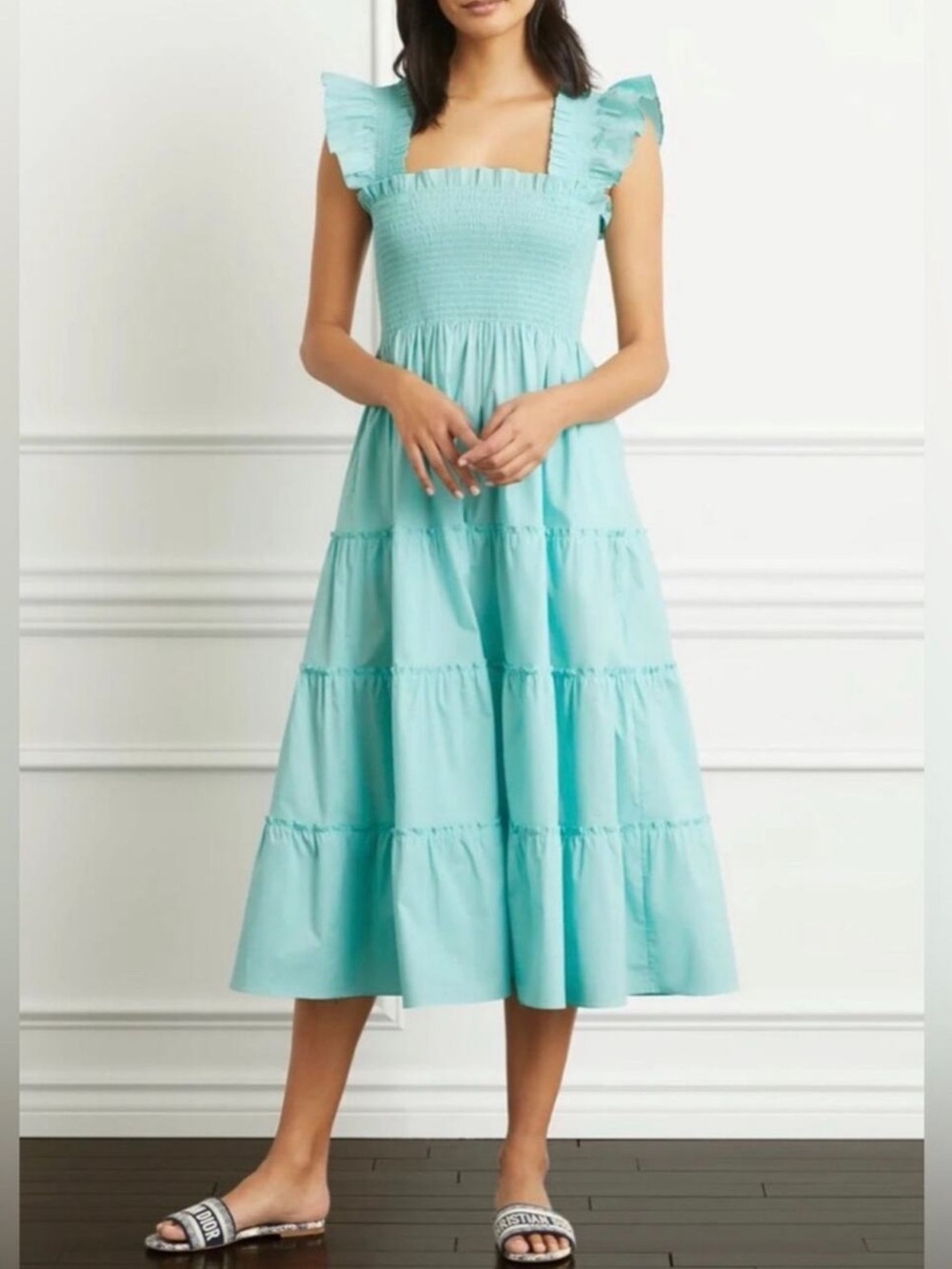 Hill House Ellie Nap Dress Smocked Ruffle Strap Tiered Midi Dress in Aqua L